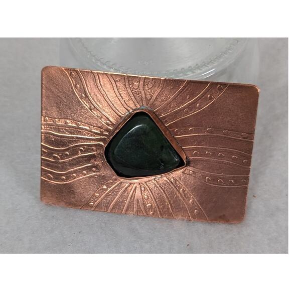 Vtge Hand etched Copper belt buckle with Jade 27/8\